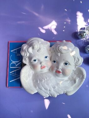 Vintage Large Cherub Wall Plaque - White with Pink & Blue Accents - 1980s